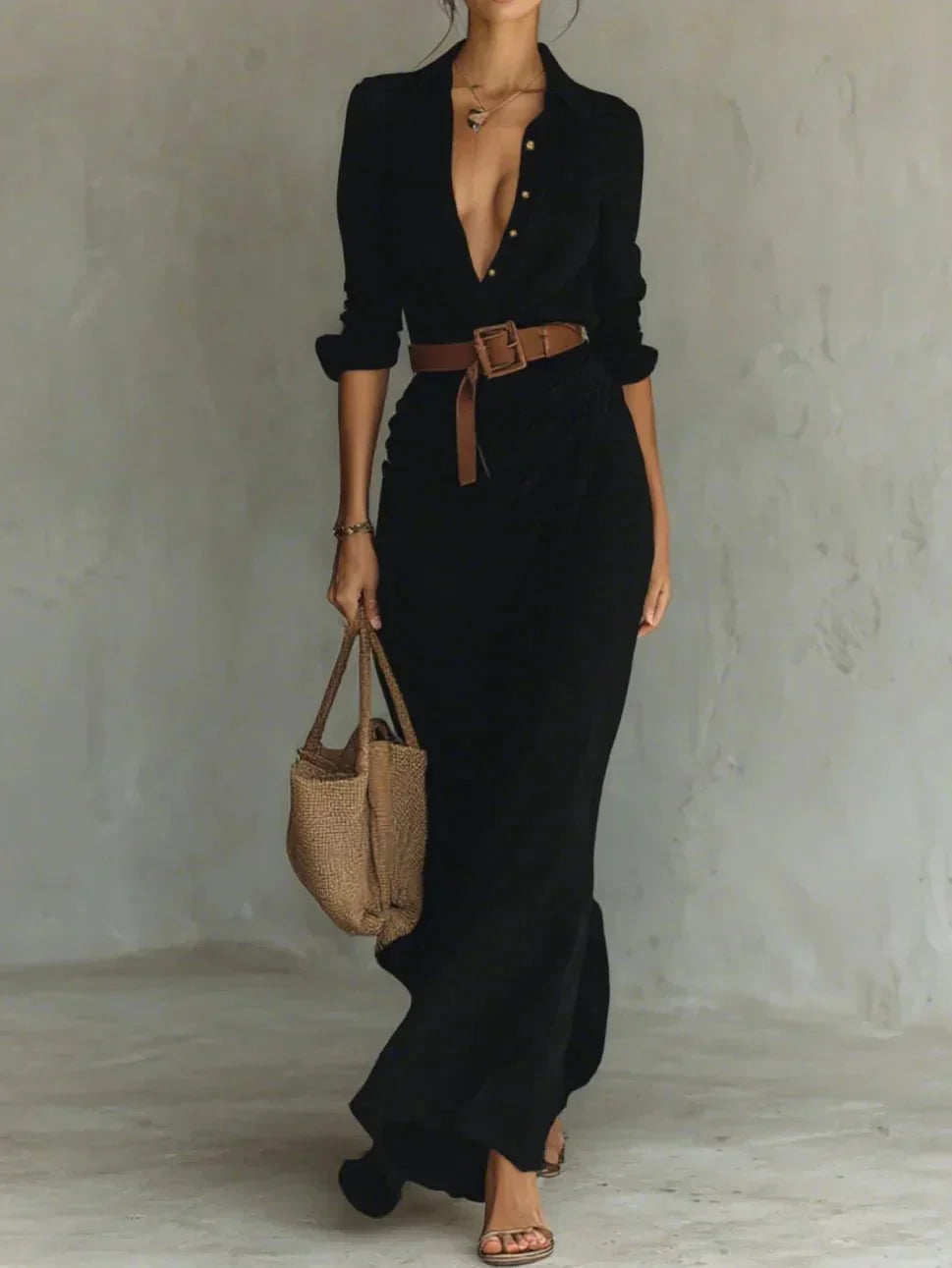 Camille™ | Robe longue à revers et ceinture à la taille