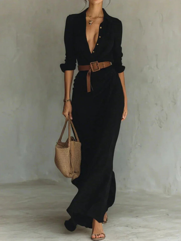 Camille™ | Robe longue à revers et ceinture à la taille