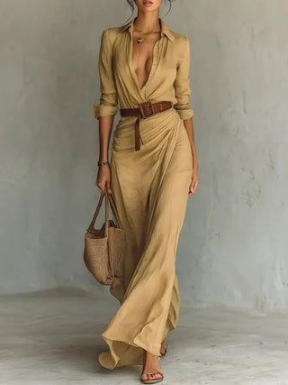 Camille™ | Robe longue à revers et ceinture à la taille