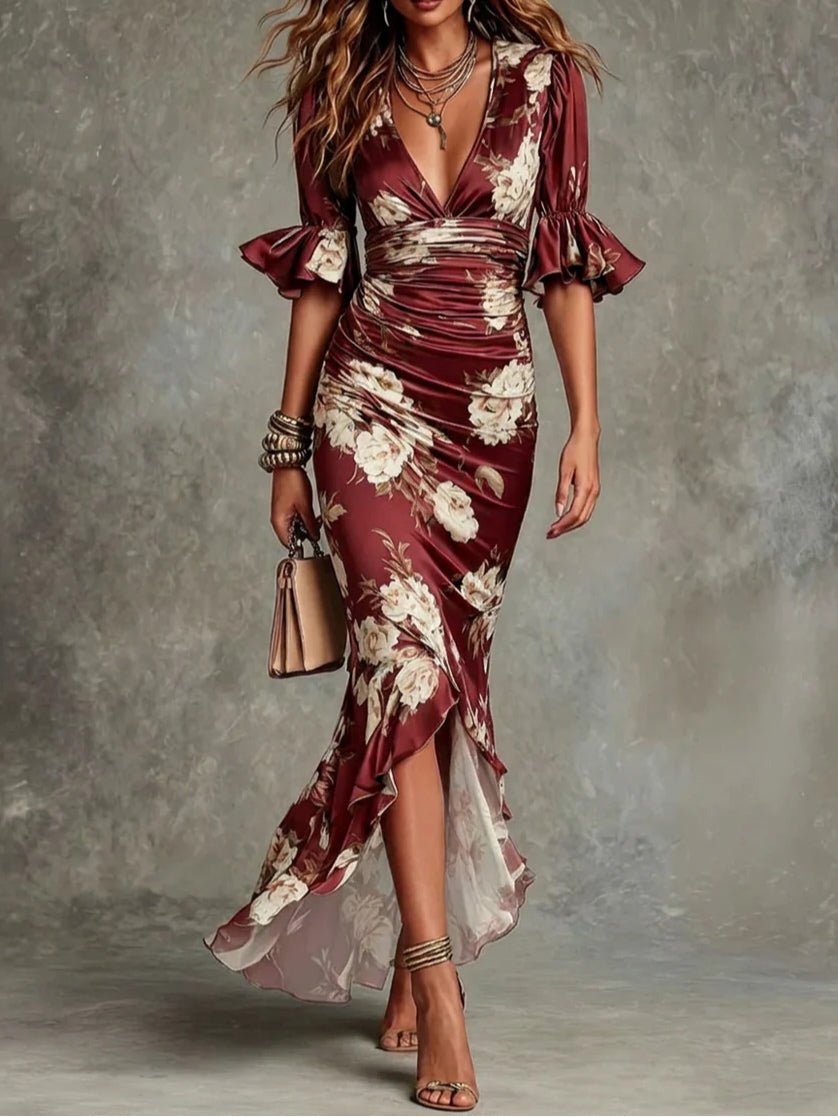 Léonie™ | Robe longue asymétrique en satin à fleurs, manches cloche froncées et encolure en V