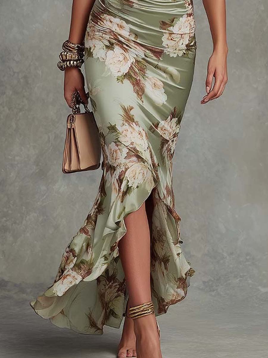 Léonie™ | Robe longue asymétrique en satin à fleurs, manches cloche froncées et encolure en V