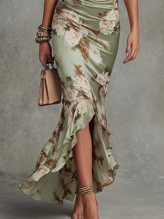 Léonie™ | Robe longue asymétrique en satin à fleurs, manches cloche froncées et encolure en V